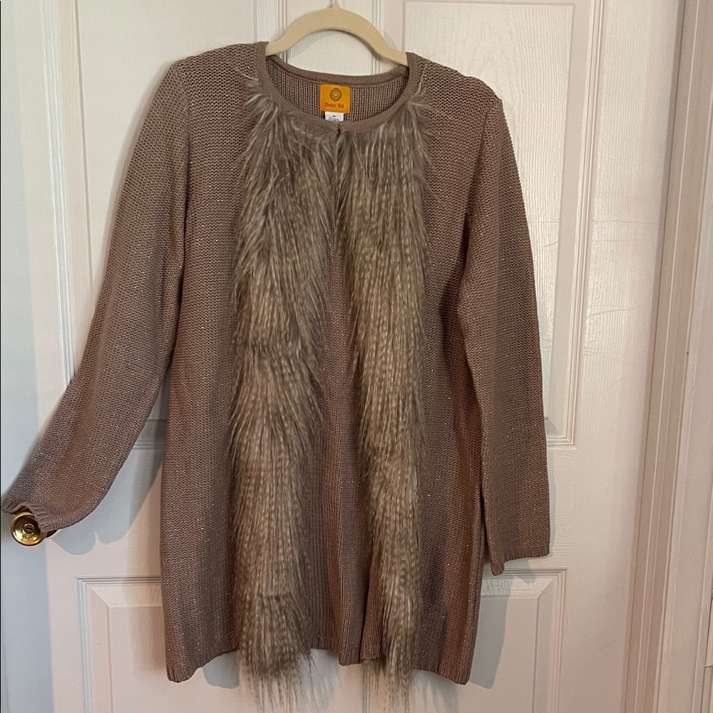 Ruby Rd. Tan Cardigan with Faux Fur Trim